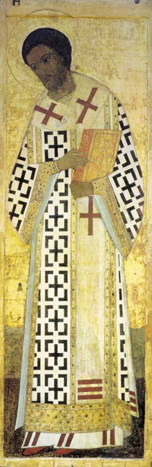 Святитель Иоанн Златоуст. Икона школы прп. Андрея Рублёва. 1408 г.